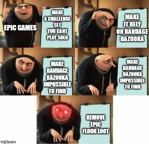 Epic has lost it | MAKE IT RELY ON BANDAGE BAZOOKA; MAKE A CHALLENGE SET YOU CANT PLAY SOLO; EPIC GAMES; MAKE BANDAGE BAZOOKA IMPOSSIBLE TO FIND; MAKE BANDAGE BAZOOKA IMPOSSIBLE TO FIND; REMOVE EPIC FLOOR LOOT | image tagged in gru's plan red eyes edition,epic games,fortnite,season 1 challenges,bandage bazooka | made w/ Imgflip meme maker