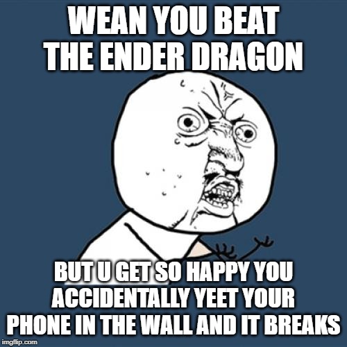 Y U No Meme | WEAN YOU BEAT THE ENDER DRAGON; BUT U GET SO HAPPY YOU ACCIDENTALLY YEET YOUR PHONE IN THE WALL AND IT BREAKS | image tagged in memes,y u no | made w/ Imgflip meme maker