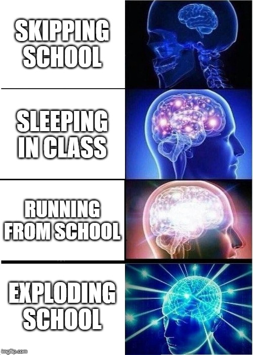 Expanding Brain Meme | SKIPPING SCHOOL; SLEEPING IN CLASS; RUNNING FROM SCHOOL; EXPLODING SCHOOL | image tagged in memes,expanding brain | made w/ Imgflip meme maker
