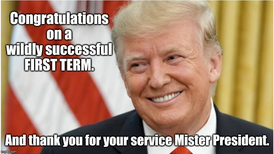  Congratulations on a wildly successful FIRST TERM. And thank you for your service Mister President. | image tagged in first term,trump | made w/ Imgflip meme maker