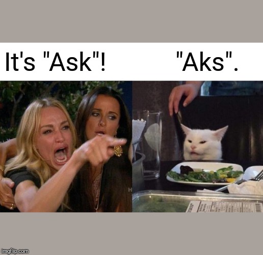 Woman Yelling At Cat Meme | "Aks". It's "Ask"! | image tagged in memes,woman yelling at cat | made w/ Imgflip meme maker