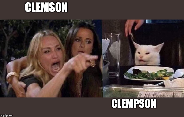 woman yelling at cat | CLEMSON; CLEMPSON | image tagged in woman yelling at cat | made w/ Imgflip meme maker