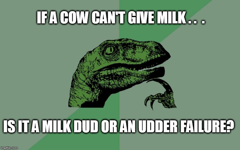 I WONDER... | IF A COW CAN'T GIVE MILK . .  . IS IT A MILK DUD OR AN UDDER FAILURE? | image tagged in funny | made w/ Imgflip meme maker