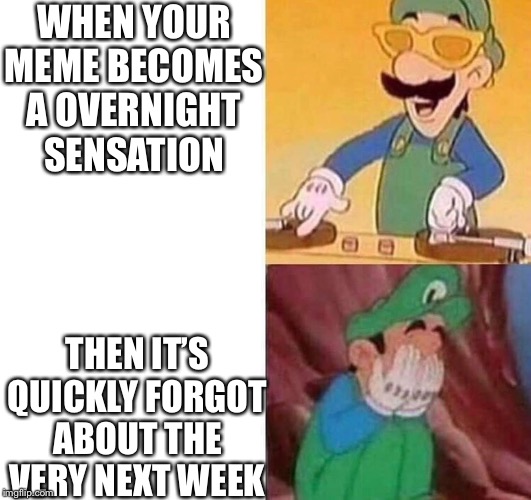 Luigi DJ Crying Meme | WHEN YOUR MEME BECOMES A OVERNIGHT SENSATION; THEN IT’S QUICKLY FORGOT ABOUT THE VERY NEXT WEEK | image tagged in luigi dj crying meme | made w/ Imgflip meme maker