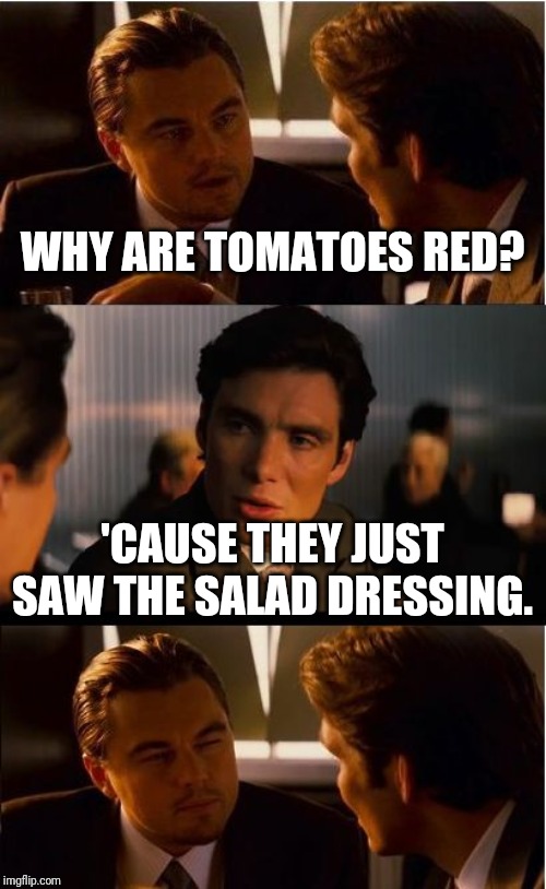Inception Meme | WHY ARE TOMATOES RED? 'CAUSE THEY JUST SAW THE SALAD DRESSING. | image tagged in memes,inception | made w/ Imgflip meme maker