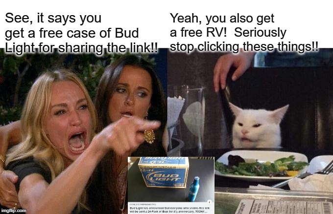 free beer cat | See, it says you get a free case of Bud Light for sharing the link!! Yeah, you also get a free RV!  Seriously stop clicking these things!! | image tagged in memes,woman yelling at cat | made w/ Imgflip meme maker