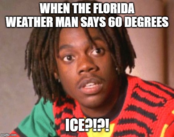 Sanka Cool Runnings | WHEN THE FLORIDA WEATHER MAN SAYS 60 DEGREES; ICE?!?! | image tagged in sanka cool runnings | made w/ Imgflip meme maker