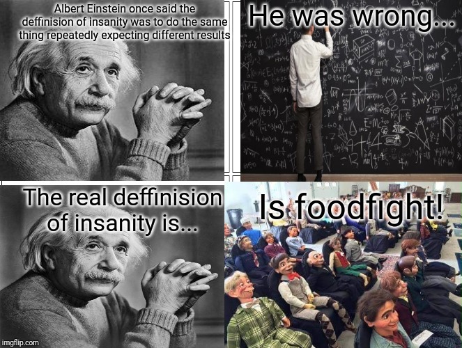 He was wrong... Albert Einstein once said the deffinision of insanity was to do the same thing repeatedly expecting different results; The real deffinision of insanity is... Is foodfight! | image tagged in albert einstein | made w/ Imgflip meme maker