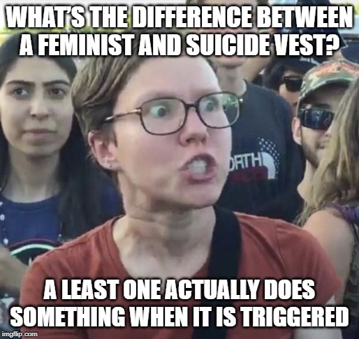 Triggered! | WHAT’S THE DIFFERENCE BETWEEN A FEMINIST AND SUICIDE VEST? A LEAST ONE ACTUALLY DOES SOMETHING WHEN IT IS TRIGGERED | image tagged in triggered feminist | made w/ Imgflip meme maker