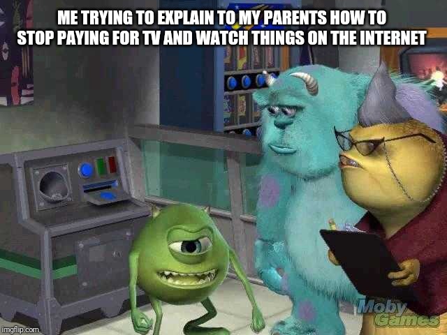 Mike wazowski trying to explain | ME TRYING TO EXPLAIN TO MY PARENTS HOW TO STOP PAYING FOR TV AND WATCH THINGS ON THE INTERNET | image tagged in mike wazowski trying to explain | made w/ Imgflip meme maker