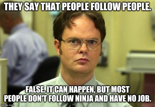 Dwight Schrute Meme | THEY SAY THAT PEOPLE FOLLOW PEOPLE. FALSE. IT CAN HAPPEN, BUT MOST PEOPLE DON'T FOLLOW NINJA AND HAVE NO JOB. | image tagged in memes,dwight schrute | made w/ Imgflip meme maker