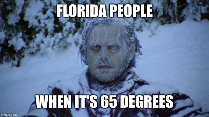 Cold | FLORIDA PEOPLE WHEN IT'S 65 DEGREES | image tagged in cold | made w/ Imgflip meme maker
