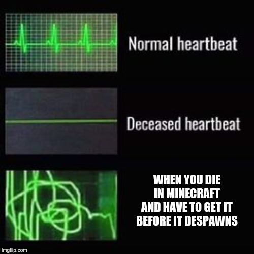 heartbeat rate | WHEN YOU DIE IN MINECRAFT AND HAVE TO GET IT BEFORE IT DESPAWNS | image tagged in heartbeat rate | made w/ Imgflip meme maker