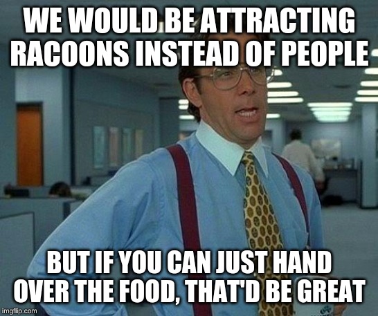 That Would Be Great Meme | WE WOULD BE ATTRACTING RACOONS INSTEAD OF PEOPLE BUT IF YOU CAN JUST HAND OVER THE FOOD, THAT'D BE GREAT | image tagged in memes,that would be great | made w/ Imgflip meme maker