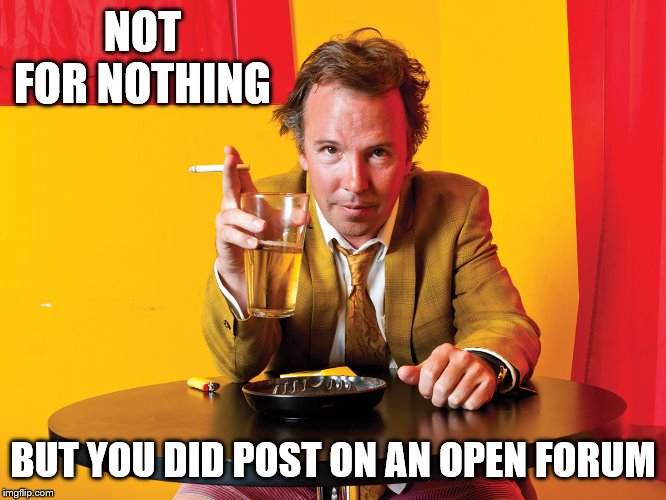 Doug Stanhope | NOT FOR NOTHING BUT YOU DID POST ON AN OPEN FORUM | image tagged in doug stanhope | made w/ Imgflip meme maker