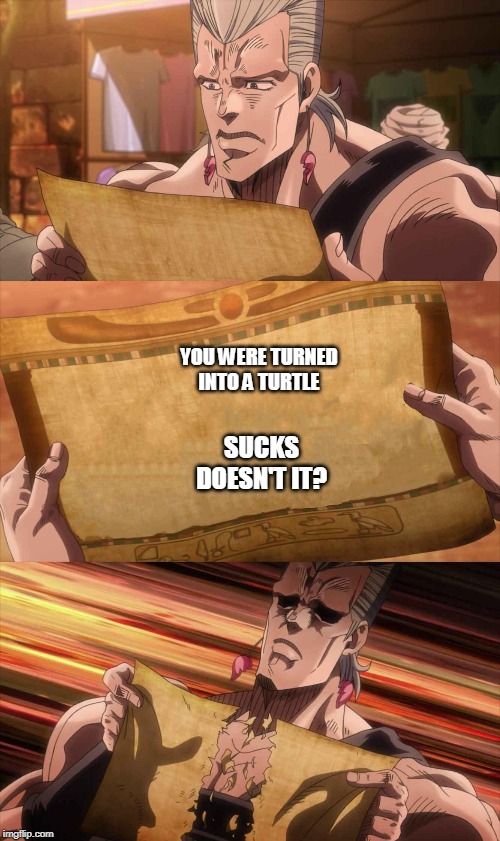 JoJo Scroll Of Truth | YOU WERE TURNED INTO A TURTLE; SUCKS DOESN'T IT? | image tagged in jojo scroll of truth | made w/ Imgflip meme maker
