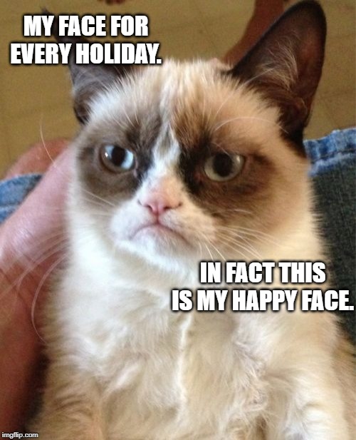 Grumpy Cat | MY FACE FOR EVERY HOLIDAY. IN FACT THIS IS MY HAPPY FACE. | image tagged in memes,grumpy cat | made w/ Imgflip meme maker