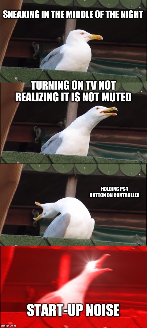 Inhaling Seagull | SNEAKING IN THE MIDDLE OF THE NIGHT; TURNING ON TV NOT REALIZING IT IS NOT MUTED; HOLDING PS4 BUTTON ON CONTROLLER; START-UP NOISE | image tagged in memes,inhaling seagull | made w/ Imgflip meme maker