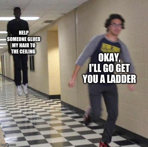 floating boy chasing running boy | HELP SOMEONE GLUED MY HAIR TO THE CEILING; OKAY, I'LL GO GET YOU A LADDER | image tagged in floating boy chasing running boy | made w/ Imgflip meme maker