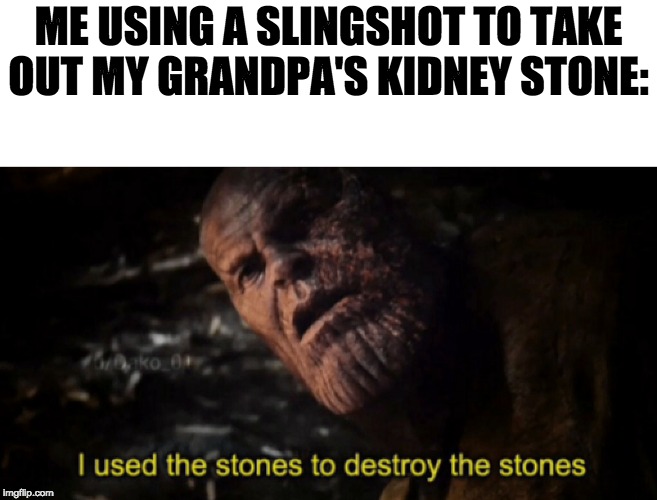 I used the stones to destroy the stones | ME USING A SLINGSHOT TO TAKE OUT MY GRANDPA'S KIDNEY STONE: | image tagged in i used the stones to destroy the stones | made w/ Imgflip meme maker