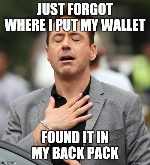 relieved rdj | JUST FORGOT WHERE I PUT MY WALLET; FOUND IT IN MY BACK PACK | image tagged in relieved rdj | made w/ Imgflip meme maker