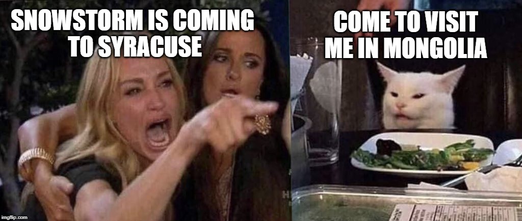 woman yelling at cat | COME TO VISIT ME IN MONGOLIA; SNOWSTORM IS COMING 
TO SYRACUSE | image tagged in woman yelling at cat | made w/ Imgflip meme maker