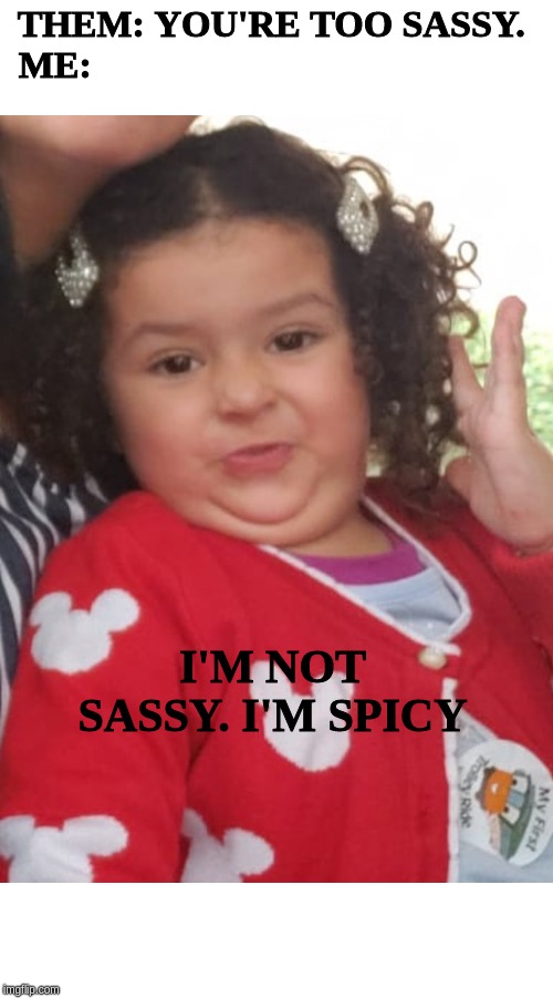 THEM: YOU'RE TOO SASSY. 
ME:; I'M NOT SASSY. I'M SPICY | image tagged in sassy,kids these days,cute kids | made w/ Imgflip meme maker