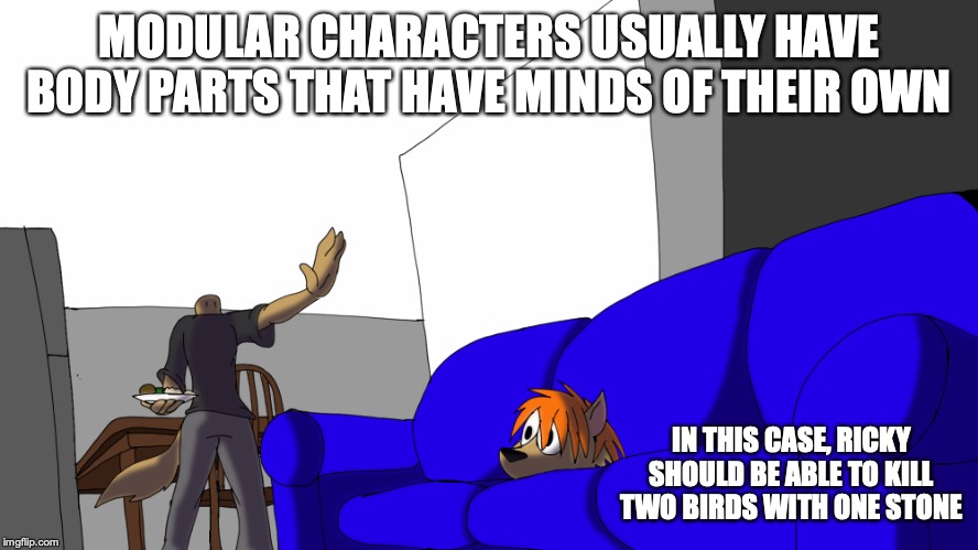 Killing Two Birds With One Stone | MODULAR CHARACTERS USUALLY HAVE BODY PARTS THAT HAVE MINDS OF THEIR OWN; IN THIS CASE, RICKY SHOULD BE ABLE TO KILL TWO BIRDS WITH ONE STONE | image tagged in modular,memes,detachable,ricky | made w/ Imgflip meme maker