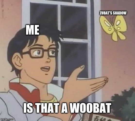 Is This A Pigeon Meme | ZUBAT'S SHADOW; ME; IS THAT A WOOBAT | image tagged in memes,is this a pigeon | made w/ Imgflip meme maker