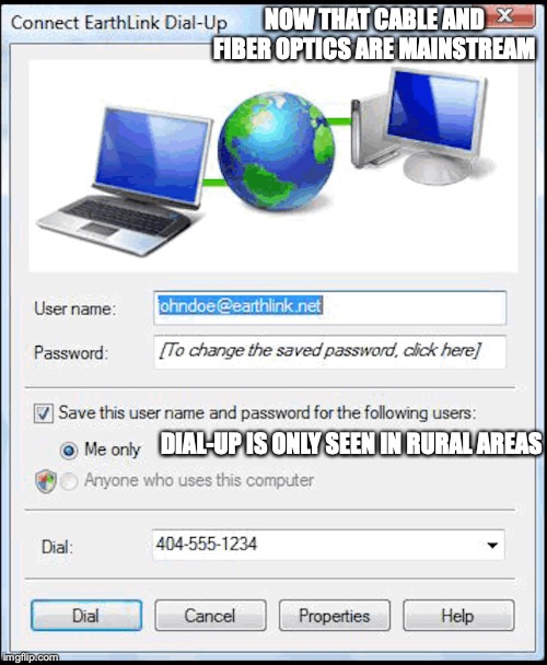 Dial Up | NOW THAT CABLE AND FIBER OPTICS ARE MAINSTREAM; DIAL-UP IS ONLY SEEN IN RURAL AREAS | image tagged in dial up,internet,memes | made w/ Imgflip meme maker