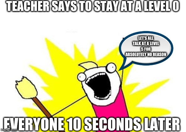 X All The Y | TEACHER SAYS TO STAY AT A LEVEL 0; LET'S ALL TALK AT A LEVEL 5 FOR ABSOLUTELY NO REASON; EVERYONE 10 SECONDS LATER | image tagged in memes,x all the y | made w/ Imgflip meme maker