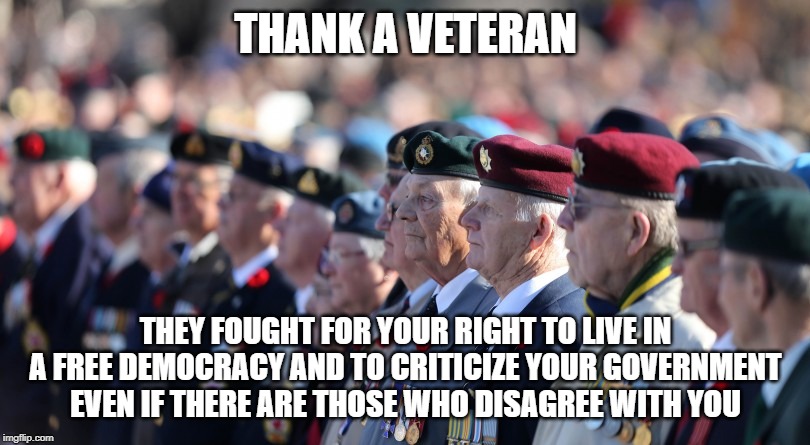 THANK A VETERAN; THEY FOUGHT FOR YOUR RIGHT TO LIVE IN A FREE DEMOCRACY AND TO CRITICIZE YOUR GOVERNMENT EVEN IF THERE ARE THOSE WHO DISAGREE WITH YOU | image tagged in veterans,free speech | made w/ Imgflip meme maker