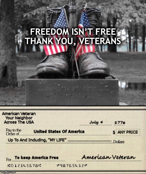 FREEDOM ISN’T FREE
THANK YOU, VETERANS | image tagged in veterans day,freedom,memorial day | made w/ Imgflip meme maker