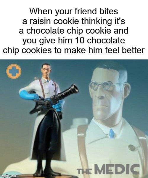 raisin cookies are dangerous and life threatening | When your friend bites a raisin cookie thinking it's a chocolate chip cookie and you give him 10 chocolate chip cookies to make him feel better | image tagged in the medic tf2,funny,memes,chocolate,cookies,team fortress 2 | made w/ Imgflip meme maker