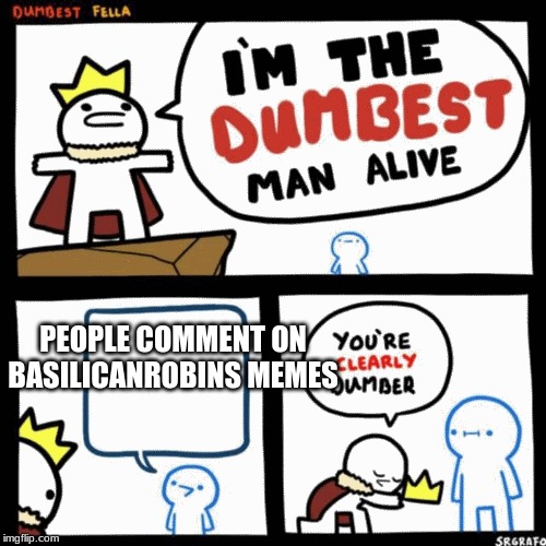 I'm the dumbest man alive | PEOPLE COMMENT ON BASILICANROBINS MEMES | image tagged in i'm the dumbest man alive | made w/ Imgflip meme maker