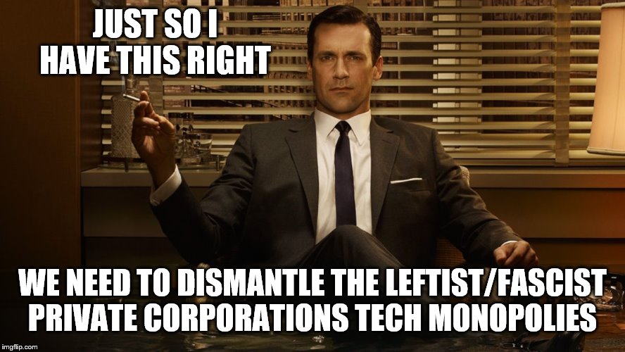 MadMen | JUST SO I HAVE THIS RIGHT WE NEED TO DISMANTLE THE LEFTIST/FASCIST PRIVATE CORPORATIONS TECH MONOPOLIES | image tagged in madmen | made w/ Imgflip meme maker