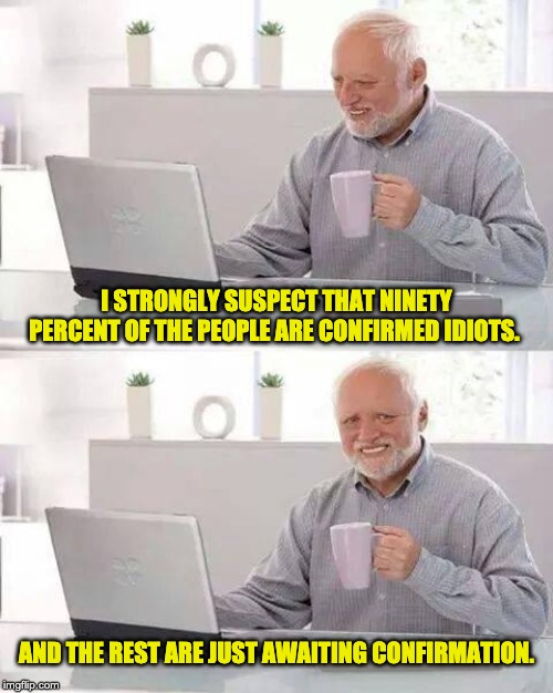 Hide the Pain Harold | I STRONGLY SUSPECT THAT NINETY PERCENT OF THE PEOPLE ARE CONFIRMED IDIOTS. AND THE REST ARE JUST AWAITING CONFIRMATION. | image tagged in memes,hide the pain harold | made w/ Imgflip meme maker