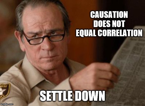 Tommy Lee Jones | CAUSATION DOES NOT EQUAL CORRELATION SETTLE DOWN | image tagged in tommy lee jones | made w/ Imgflip meme maker