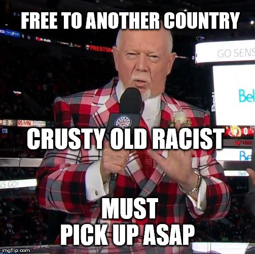 Don Cherry | FREE TO ANOTHER COUNTRY; CRUSTY OLD RACIST; MUST PICK UP ASAP | image tagged in don cherry,hnic,coache's corner,racist,bigot,hockey | made w/ Imgflip meme maker