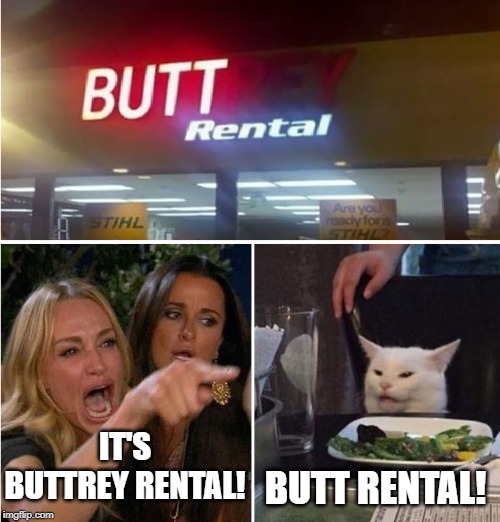 IT'S BUTTREY RENTAL! BUTT RENTAL! | image tagged in woman yelling at cat | made w/ Imgflip meme maker