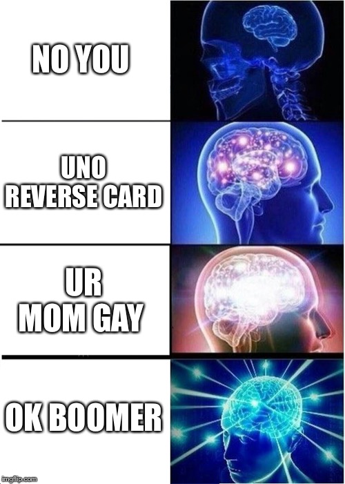 Expanding Brain Meme | NO YOU; UNO REVERSE CARD; UR MOM GAY; OK BOOMER | image tagged in memes,expanding brain | made w/ Imgflip meme maker