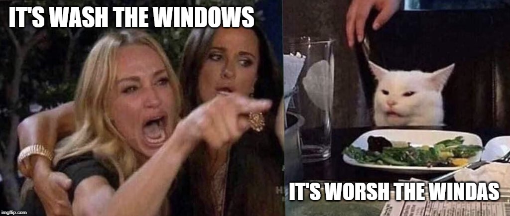 woman yelling at cat | IT'S WASH THE WINDOWS; IT'S WORSH THE WINDAS | image tagged in woman yelling at cat | made w/ Imgflip meme maker