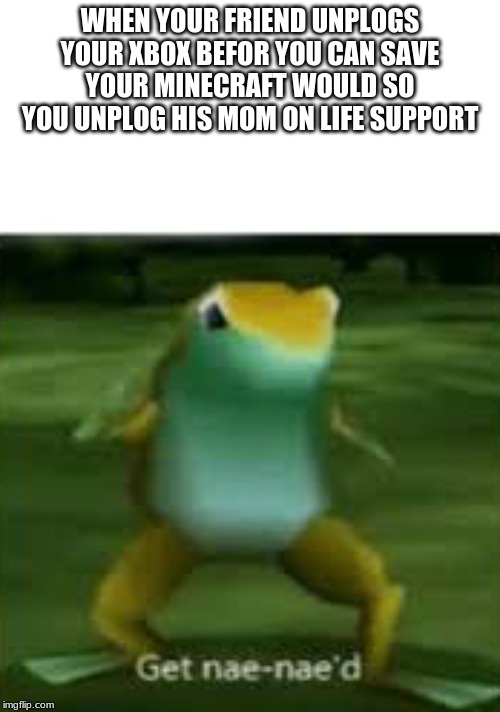 Get nae nae'd | WHEN YOUR FRIEND UNPLUGS YOUR XBOX BEFORE YOU CAN SAVE YOUR MINECRAFT WOULD SO YOU UNPLUG HIS MOM ON LIFE SUPPORT | image tagged in get nae nae'd | made w/ Imgflip meme maker
