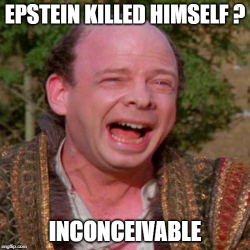 Inconceivable Vizzini | EPSTEIN KILLED HIMSELF ? INCONCEIVABLE | image tagged in inconceivable vizzini | made w/ Imgflip meme maker