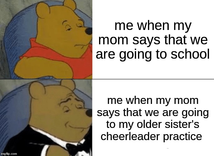 Tuxedo Winnie The Pooh Meme | me when my mom says that we are going to school; me when my mom says that we are going to my older sister's cheerleader practice | image tagged in memes,tuxedo winnie the pooh | made w/ Imgflip meme maker