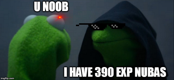 Evil Kermit Meme | U NOOB; I HAVE 390 EXP NUBAS | image tagged in memes,evil kermit | made w/ Imgflip meme maker