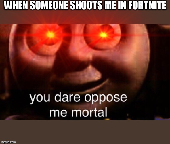 WHEN SOMEONE SHOOTS ME IN FORTNITE | image tagged in you dare oppose me mortal | made w/ Imgflip meme maker