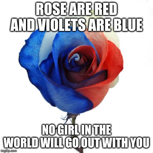 roses are red and violets are bluejokes | ROSE ARE RED AND VIOLETS ARE BLUE; NO GIRL IN THE WORLD WILL GO OUT WITH YOU | image tagged in happy | made w/ Imgflip meme maker
