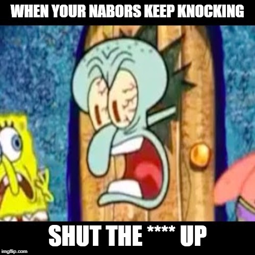WHEN YOUR NABORS KEEP KNOCKING; SHUT THE **** UP | image tagged in squidward yelling | made w/ Imgflip meme maker