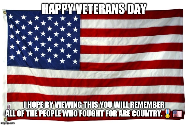 American flag  | HAPPY VETERANS DAY; I HOPE BY VIEWING THIS YOU WILL REMEMBER ALL OF THE PEOPLE WHO FOUGHT FOR ARE COUNTRY.🎖️🇺🇲 | image tagged in american flag | made w/ Imgflip meme maker